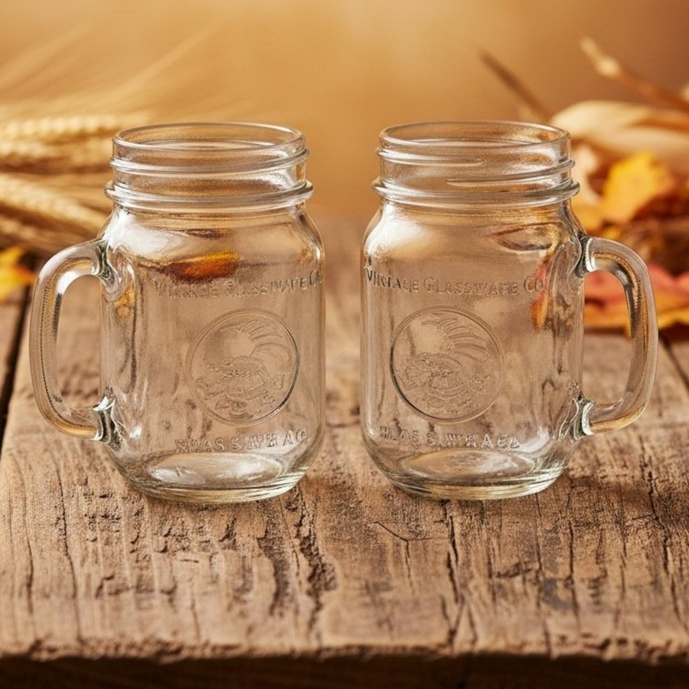 2 Golden Harvest Vintage Mason Jar Drinking Glasses Set Of 2 With Handles 5"